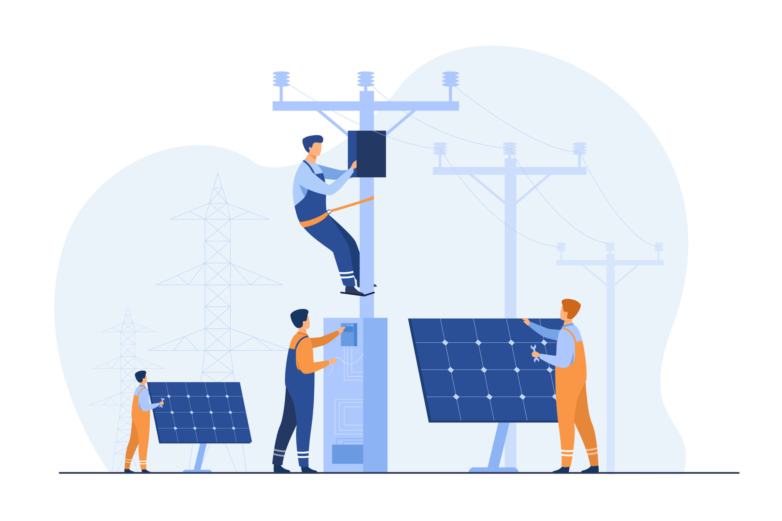 Solar power plant maintenance. Utility workers repairing electric installations, boxes on towers under power lines. For electric network operation, city service, renewable energy topics